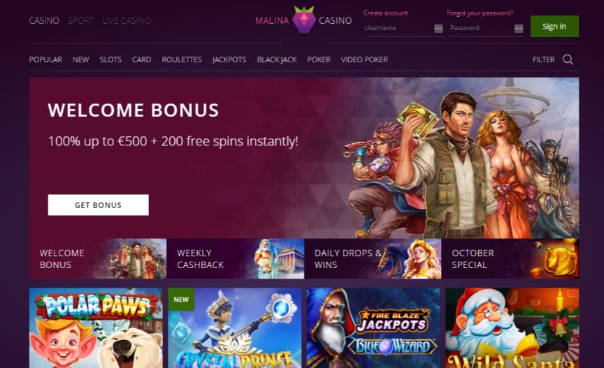 Malina Casino Review, Latest Promo Codes & Games