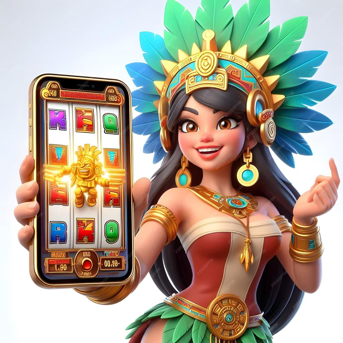 Premium Photo | Aztec slot game character holding phone with white ...
